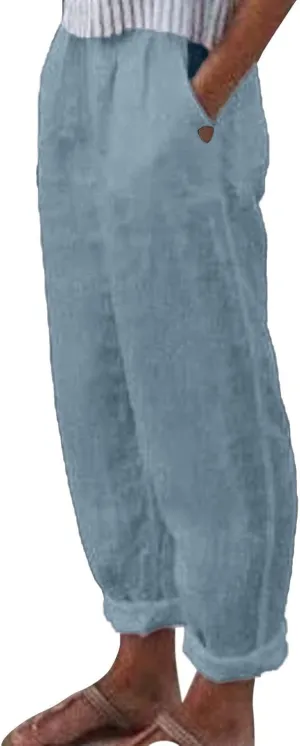 Womens Linen Pants Elastic High Waisted Straight Leg Palazzo Pants with Pockets Solid Comfy Baggy Jogger Trousers