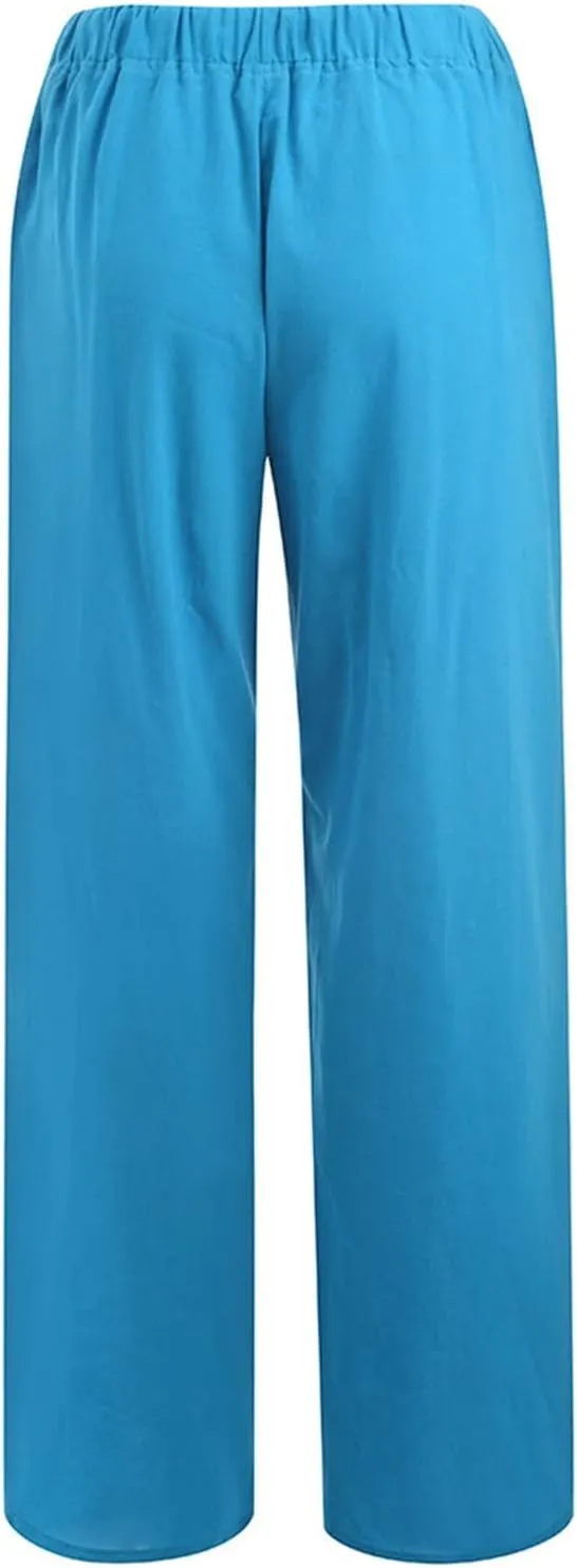 Womens Linen Pants Elastic High Waisted Straight Leg Palazzo Pants with Pockets Solid Comfy Baggy Jogger Trousers