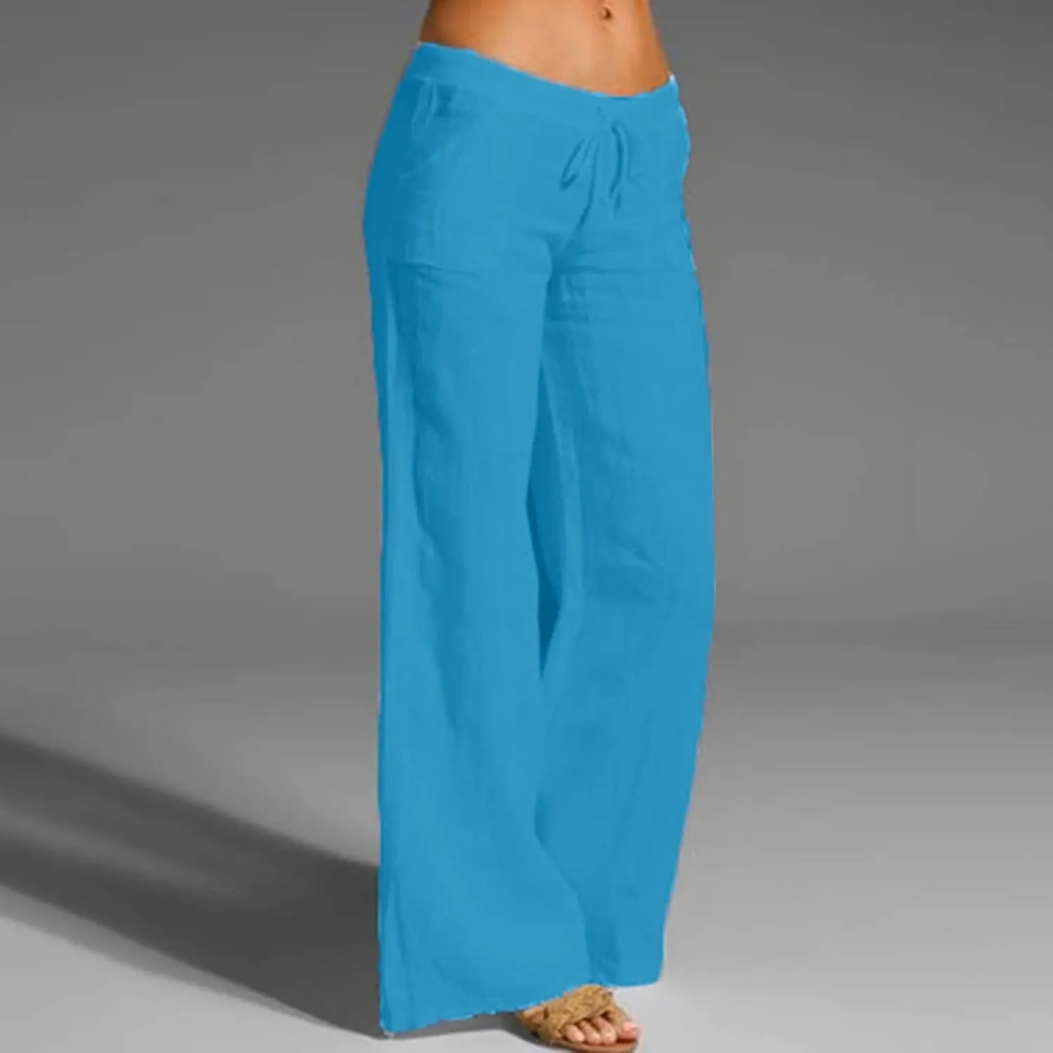 Womens Linen Pants Elastic High Waisted Straight Leg Palazzo Pants with Pockets Solid Comfy Baggy Jogger Trousers