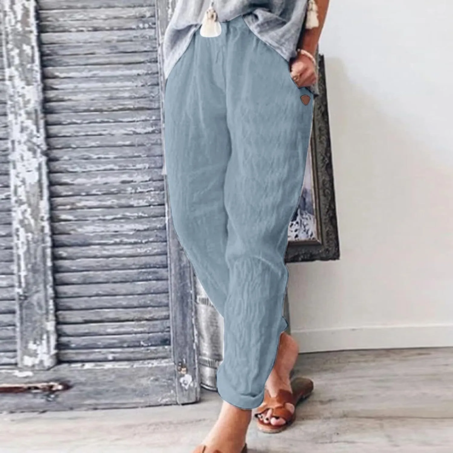 Womens Linen Pants Elastic High Waisted Straight Leg Palazzo Pants with Pockets Solid Comfy Baggy Jogger Trousers
