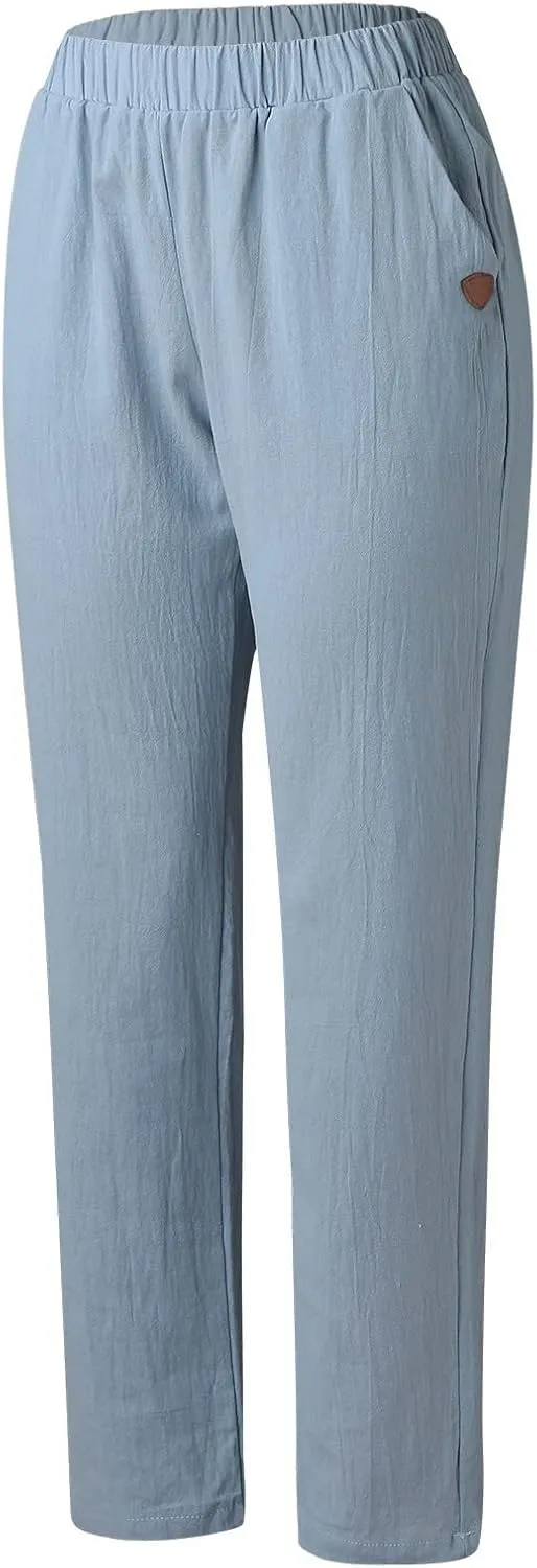 Womens Linen Pants Elastic High Waisted Straight Leg Palazzo Pants with Pockets Solid Comfy Baggy Jogger Trousers