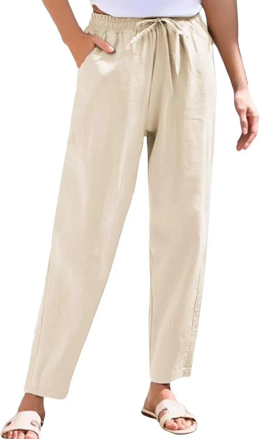 Womens Linen Pants Straight Leg Trousers 2025 Summer Casual Elastic Drawstring Pant Cotton Beach Lounge with Pocket