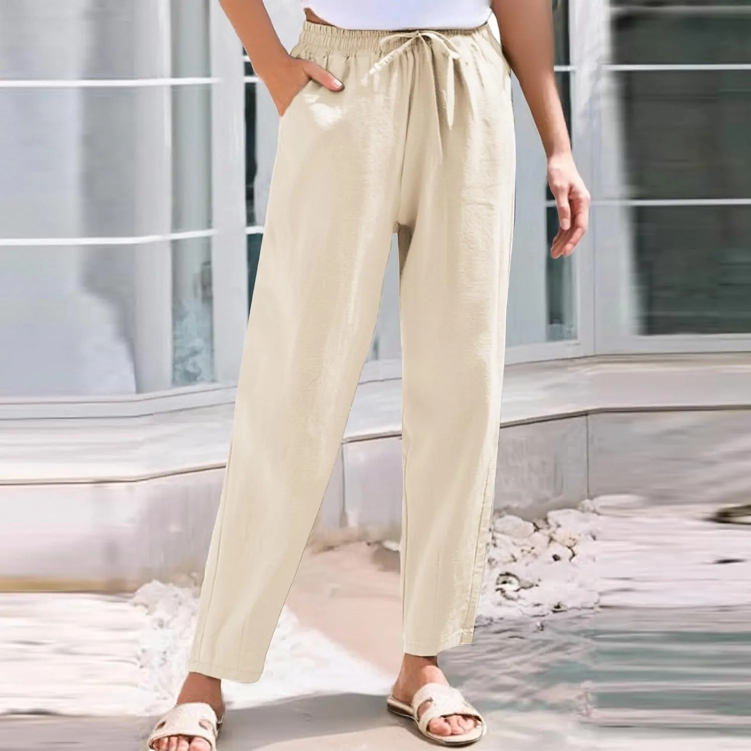 Womens Linen Pants Straight Leg Trousers 2025 Summer Casual Elastic Drawstring Pant Cotton Beach Lounge with Pocket
