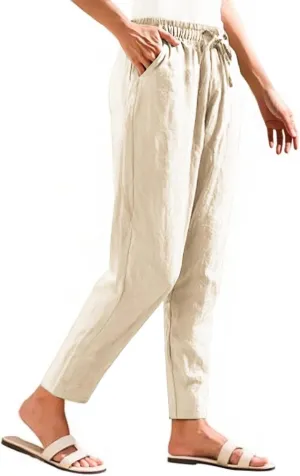 Womens Linen Pants Straight Leg Trousers 2025 Summer Casual Elastic Drawstring Pant Cotton Beach Lounge with Pocket