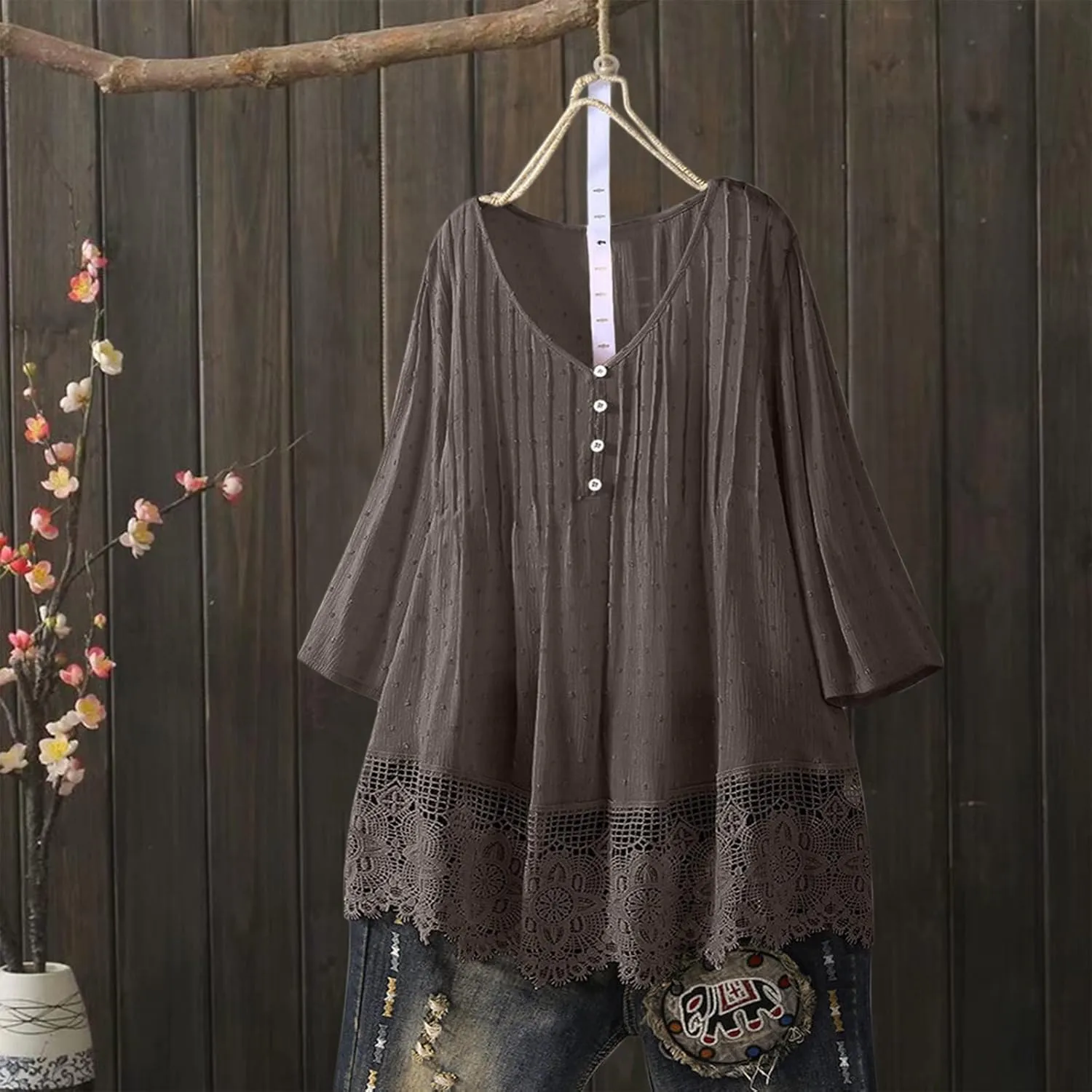 Womens Linen Shirts V-Neck Buttons Blouses Floral Print Trendy Tshirts Long Sleeve Loose T Shirts