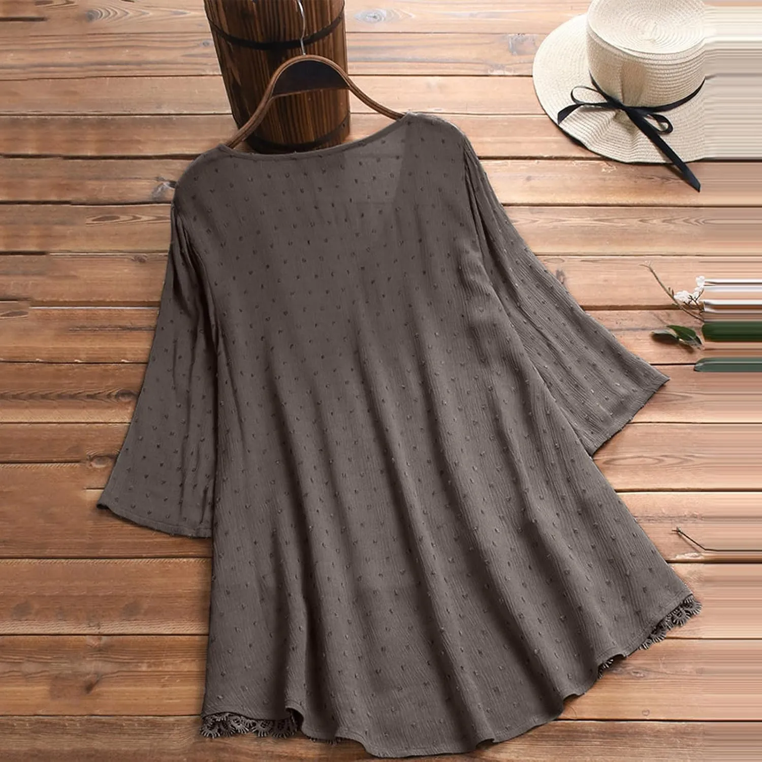 Womens Linen Shirts V-Neck Buttons Blouses Floral Print Trendy Tshirts Long Sleeve Loose T Shirts