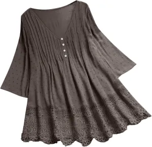 Womens Linen Shirts V-Neck Buttons Blouses Floral Print Trendy Tshirts Long Sleeve Loose T Shirts