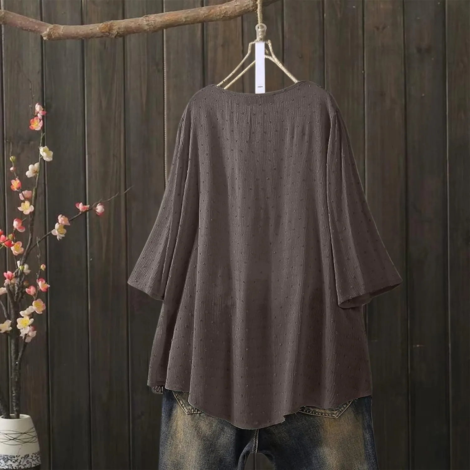 Womens Linen Shirts V-Neck Buttons Blouses Floral Print Trendy Tshirts Long Sleeve Loose T Shirts