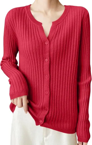 Women's Long Sleeve Button Down V Neck Classic Sweater Knit Lightweight Casual Cardigan Trendy Office Work Blouses