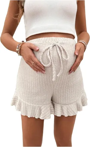 Women's Maternity Elastic High Waist Shorts Ribbed Knit Knot Front Ruffle Trim Pregnancy Pajama Sleep Shorts