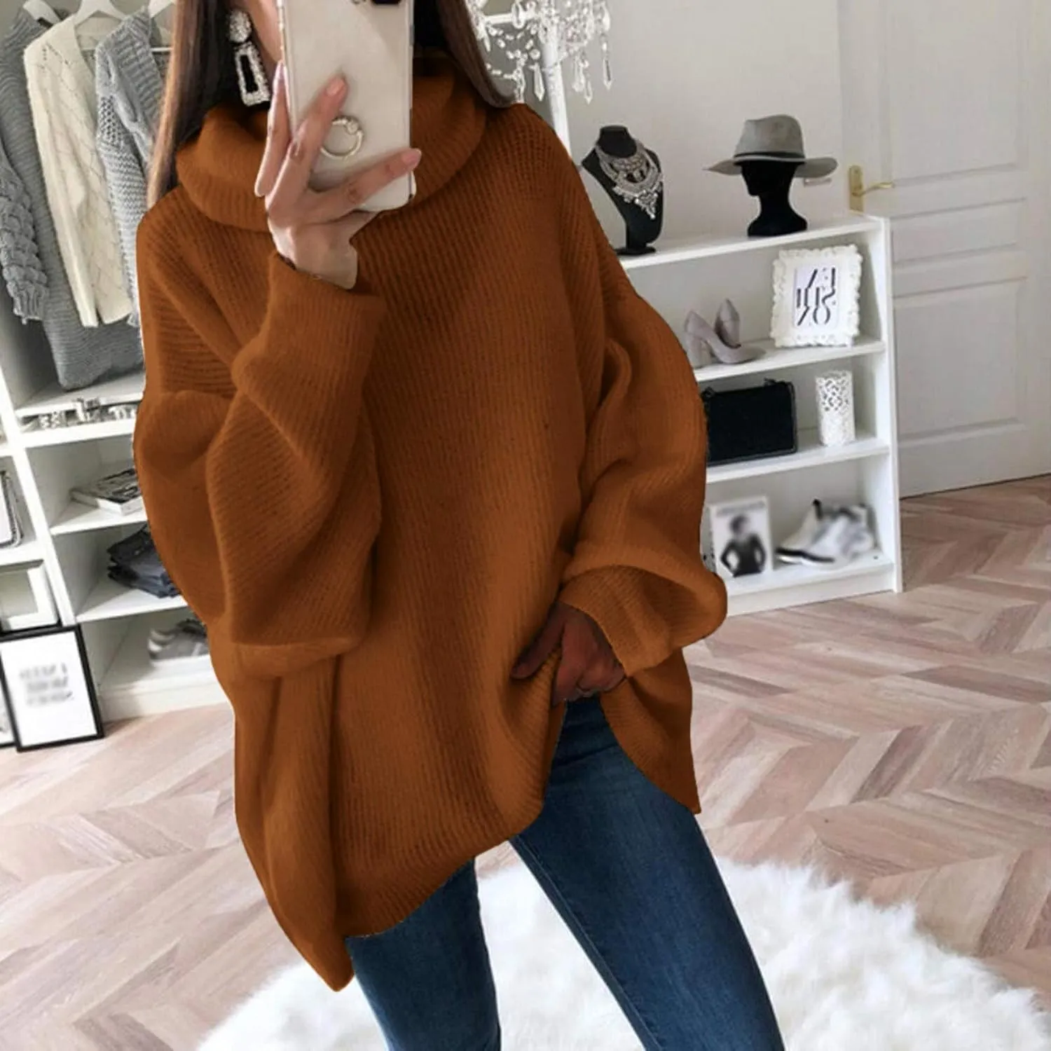 Women's Oversized Turtleneck Sweaters Soft Cozy Chunky Knit Pullover Sweater Slouchy Batwing Sleeve Jumper Tops