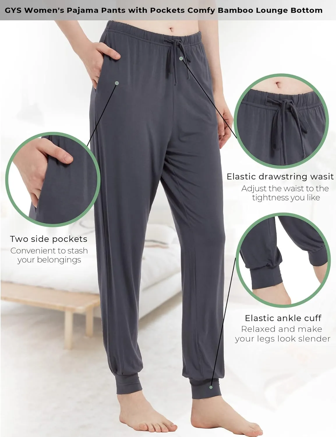 Women's Pajama Pants - Viscose Made from Bamboo, Joggers Pants with Pockets Comfy Lounge Sleep Pants Pj Bottoms