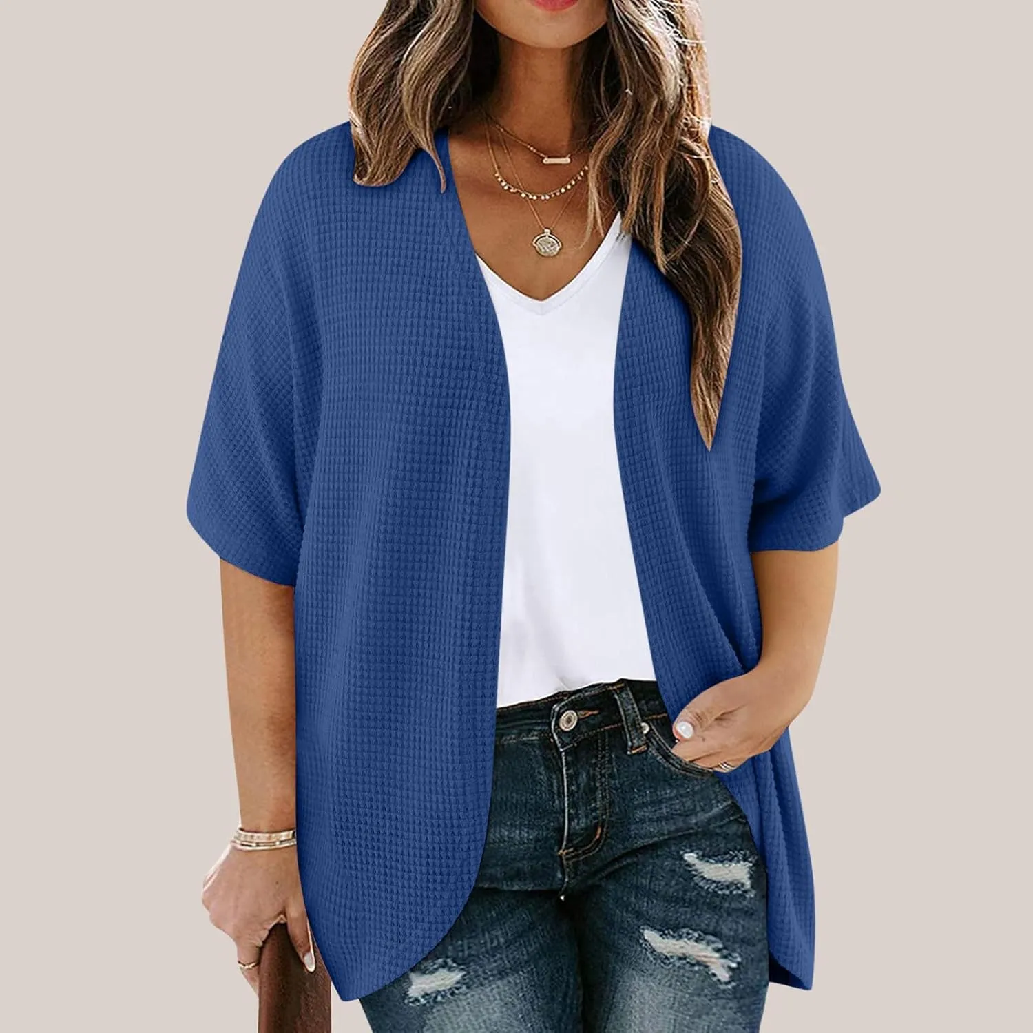 Women's Plus Size Waffle Cardigan Summer Fashion Lightweight Short Sleeve Open Front Cardigans Beach Cover Up