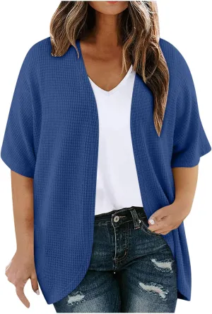 Women's Plus Size Waffle Cardigan Summer Fashion Lightweight Short Sleeve Open Front Cardigans Beach Cover Up
