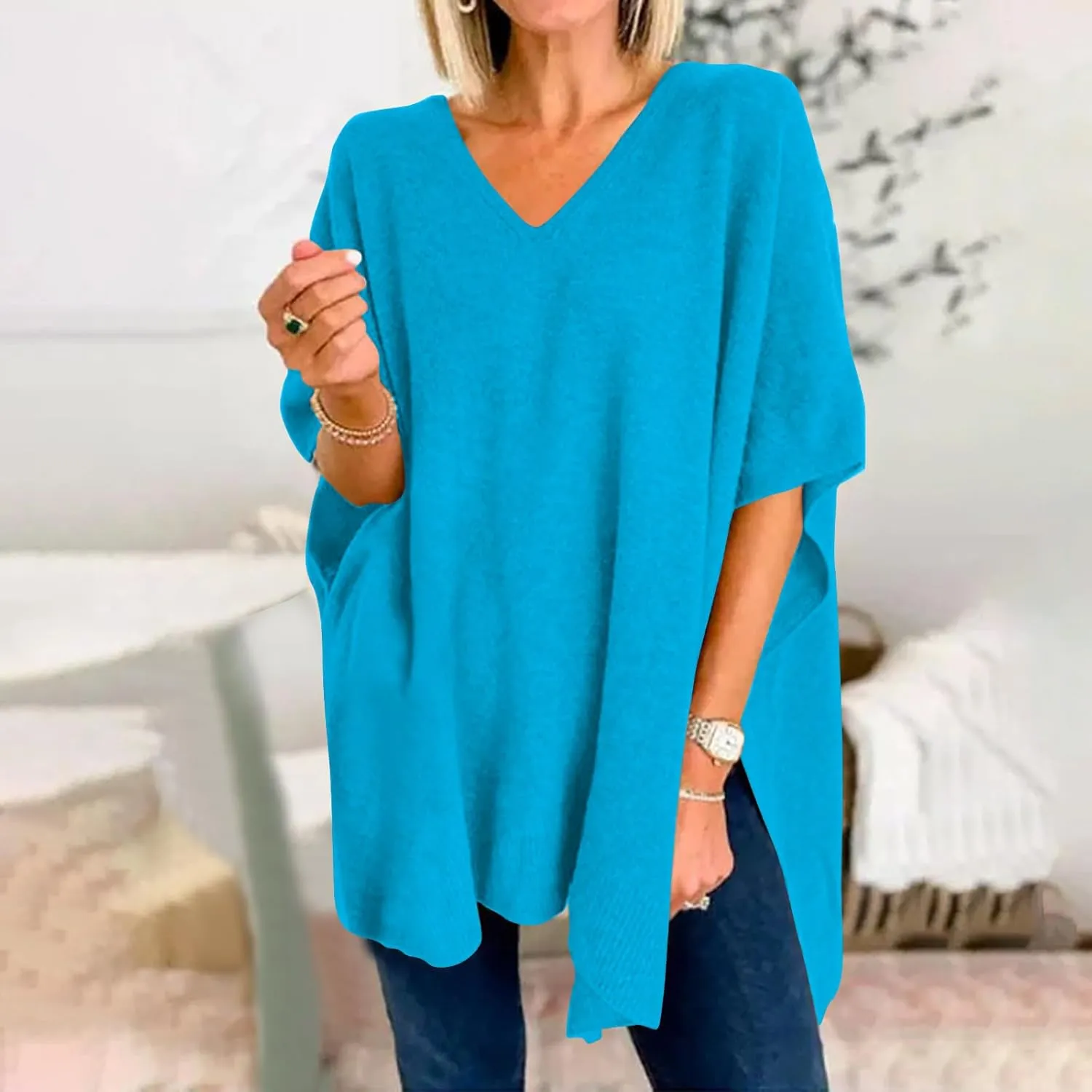 Womens Poncho Sweater Women V Neck Ponchos and Wraps Batwing Sleeveless Shawl Pullover Sweaters Teens Fashion Clothing