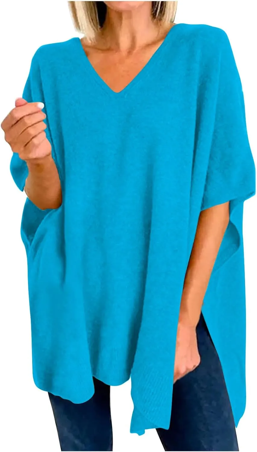 Womens Poncho Sweater Women V Neck Ponchos and Wraps Batwing Sleeveless Shawl Pullover Sweaters Teens Fashion Clothing
