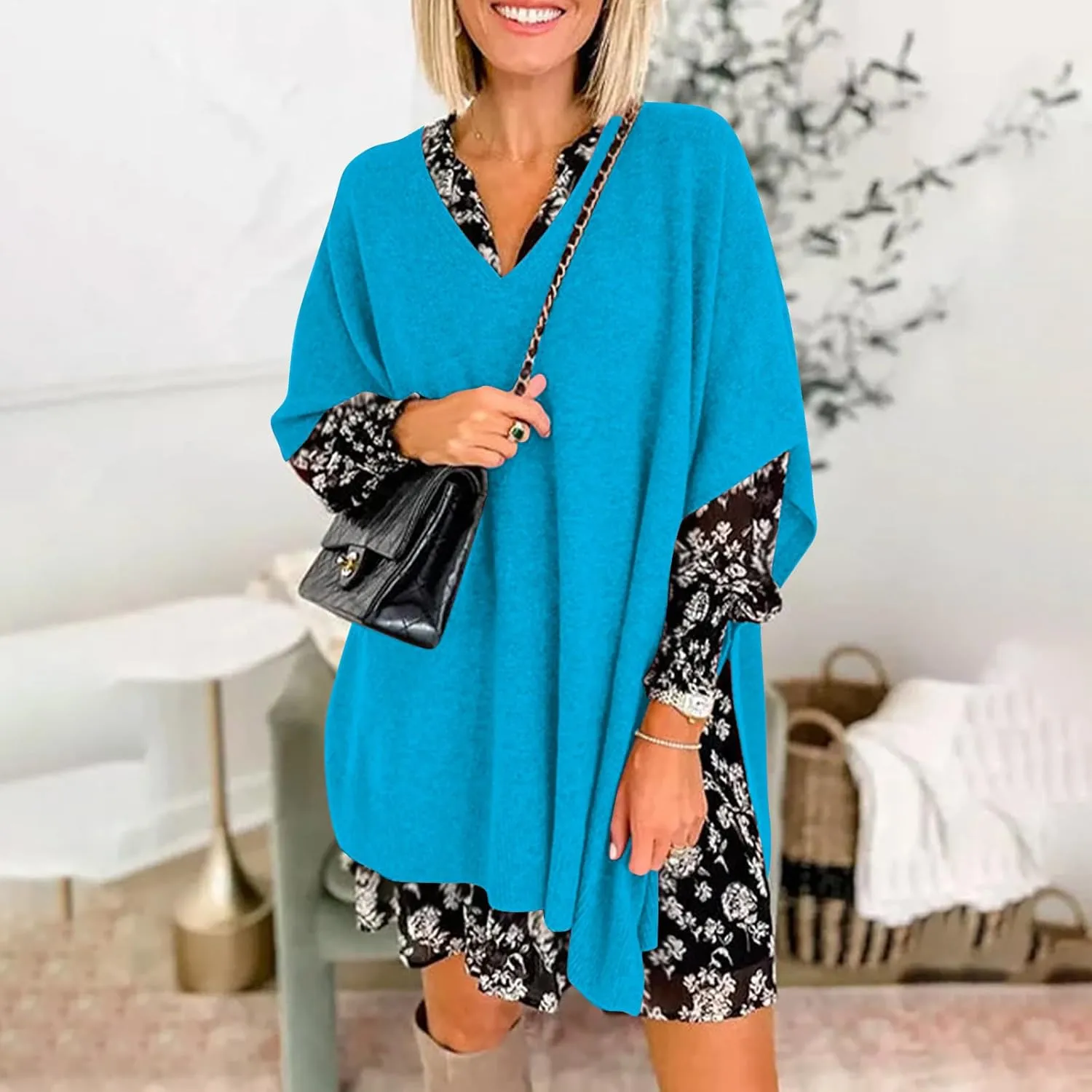Womens Poncho Sweater Women V Neck Ponchos and Wraps Batwing Sleeveless Shawl Pullover Sweaters Teens Fashion Clothing