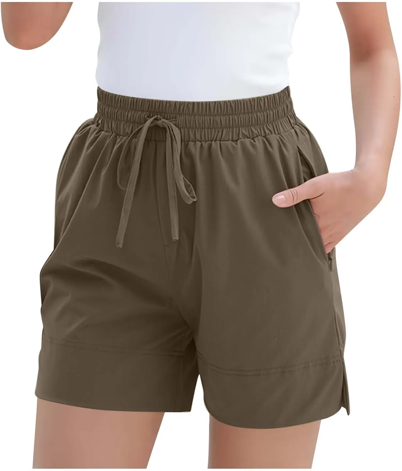 Womens Quick Dry Gym Shorts Summer Elastic Waist Workout Short Pants Loose Casual Side Slit Shorts with Zipper Pocket