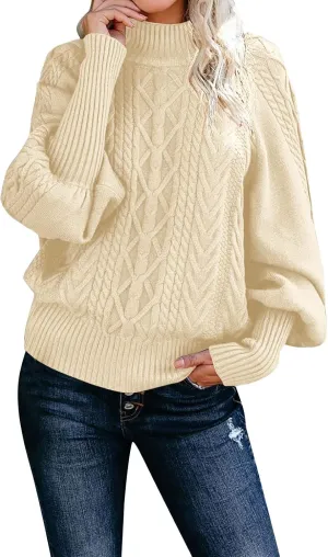 Womens Rib Knit Sweaters Turtle Neck Pullover Puff Sleeve Oversized Sweaters for Women Vintage Leisure Sweaters
