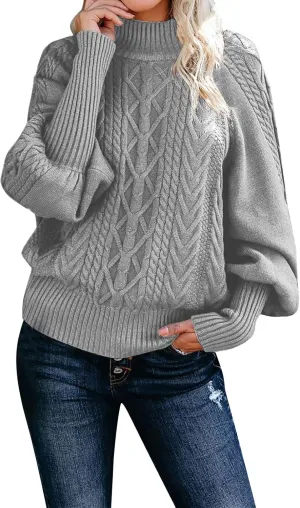 Womens Rib Knit Sweaters Turtle Neck Pullover Puff Sleeve Oversized Sweaters for Women Vintage Leisure Sweaters