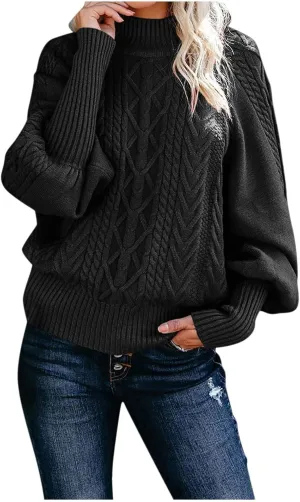 Womens Rib Knit Sweaters Turtle Neck Pullover Puff Sleeve Oversized Sweaters for Women Vintage Leisure Sweaters