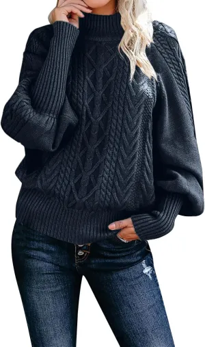 Womens Rib Knit Sweaters Turtle Neck Pullover Puff Sleeve Oversized Sweaters for Women Vintage Leisure Sweaters