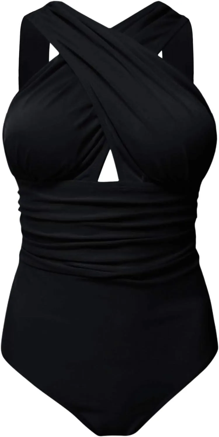 Women's Sexy One Piece Swimsuits Tummy Control Backless Cutout High Waisted Wrap Tie Back Plus Size Bathing Suits