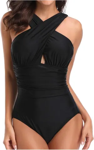 Women's Sexy One Piece Swimsuits Tummy Control Backless Cutout High Waisted Wrap Tie Back Plus Size Bathing Suits