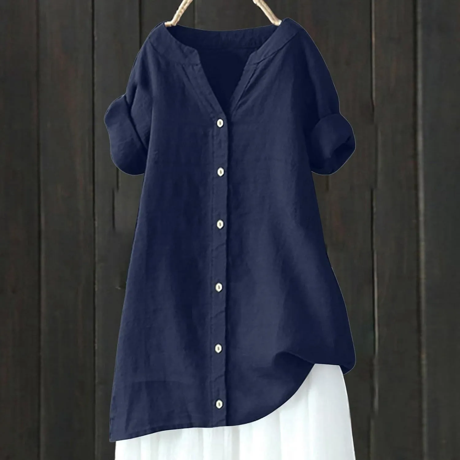 Women's Short Sleeve Linen Shirts Casual Crew Neck Beach T-Shirts Collared Button Down Loose Summer Tshirts