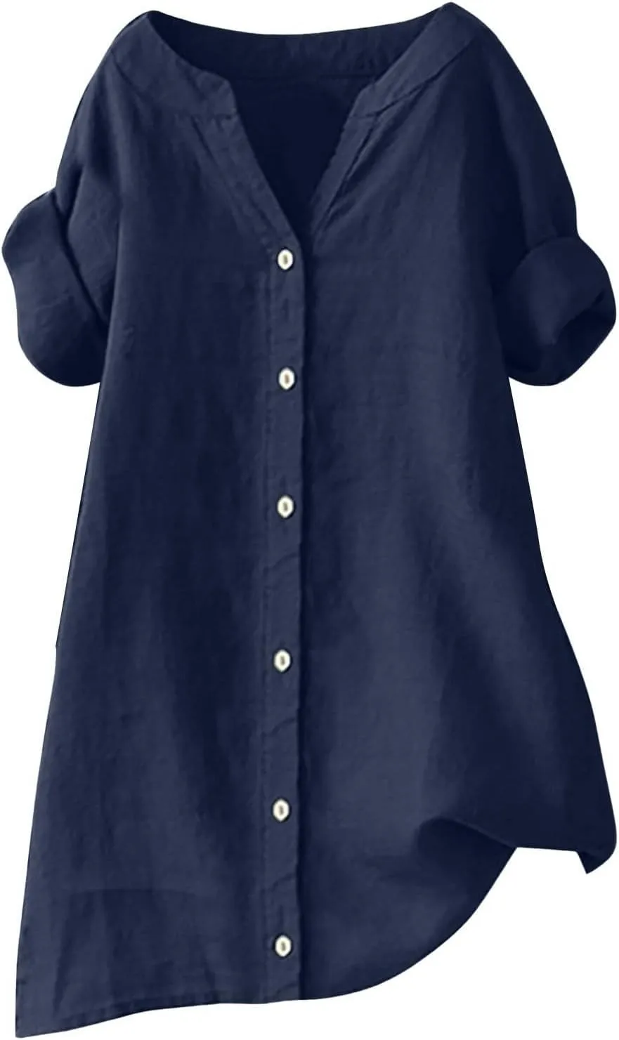 Women's Short Sleeve Linen Shirts Casual Crew Neck Beach T-Shirts Collared Button Down Loose Summer Tshirts