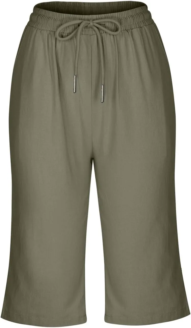 Womens Shorts 2025 Summer Linen Wide Leg Pants Drawstring High Waist Bermuda Pants with Pockets Casual Beach Shorts