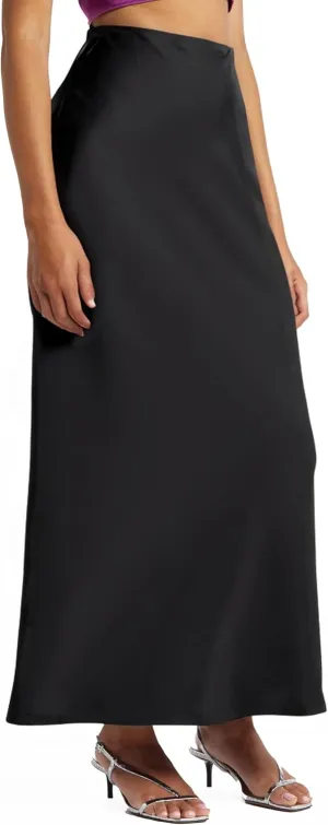 Women's Solid Satin High Waist Midi Long Skirt Hidden Elastic Waistband Skirt for Women-Made in USA