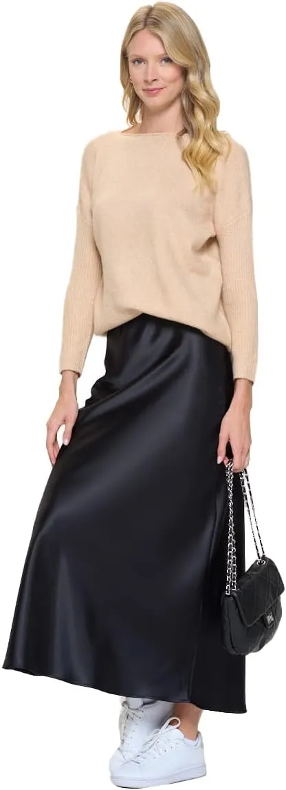 Women's Solid Satin High Waist Midi Long Skirt Hidden Elastic Waistband Skirt for Women-Made in USA