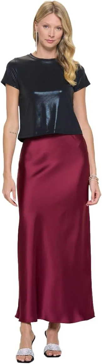 Women's Solid Satin High Waist Midi Long Skirt Hidden Elastic Waistband Skirt for Women-Made in USA