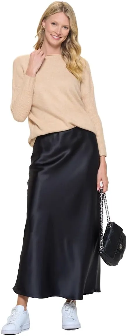 Women's Solid Satin High Waist Midi Long Skirt Hidden Elastic Waistband Skirt for Women-Made in USA