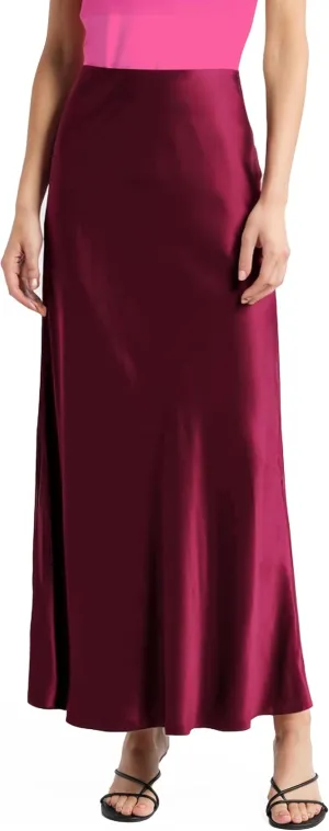 Women's Solid Satin High Waist Midi Long Skirt Hidden Elastic Waistband Skirt for Women-Made in USA