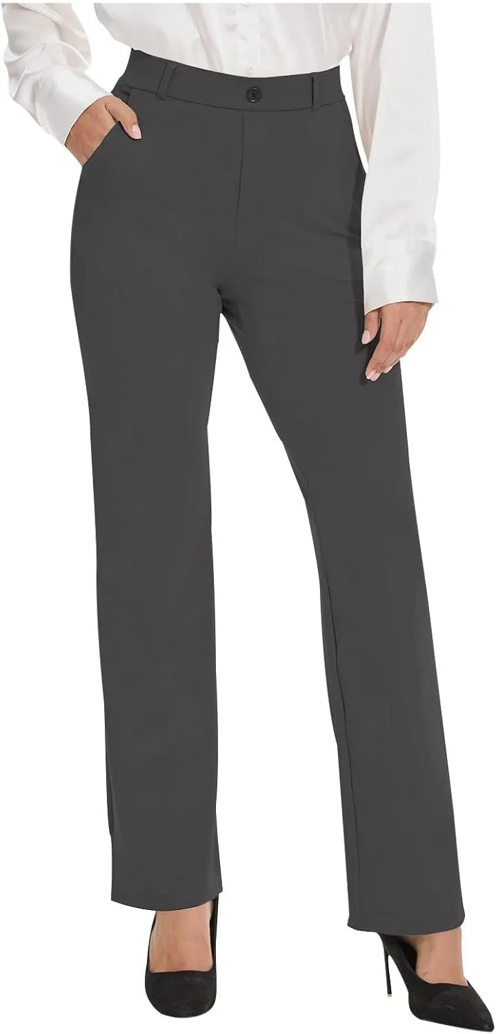 Womens Straight Leg Pants Solid Color High Waisted Business Casual Work Pant Fashion Stretch Office Dress Trousers