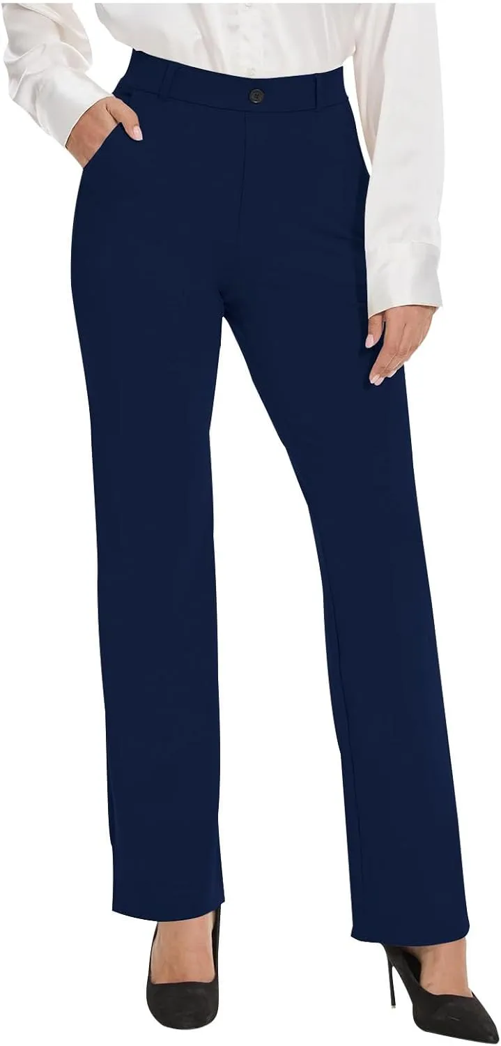 Womens Straight Leg Pants Solid Color High Waisted Business Casual Work Pant Fashion Stretch Office Dress Trousers
