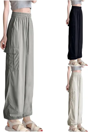 Women's Straight Wide Leg Pants Elastic High Waisted Quick Dry Trouser Ice Silk Casual Sweatpant Baggy Workout Jogger