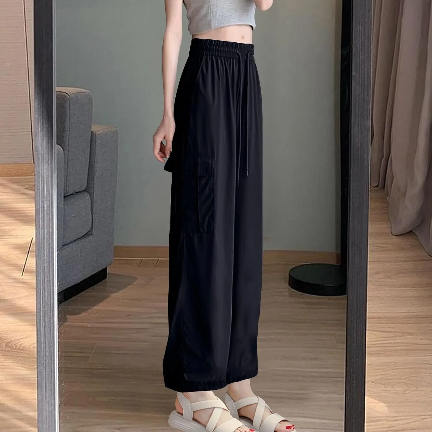 Women's Straight Wide Leg Pants Elastic High Waisted Quick Dry Trouser Ice Silk Casual Sweatpant Baggy Workout Jogger