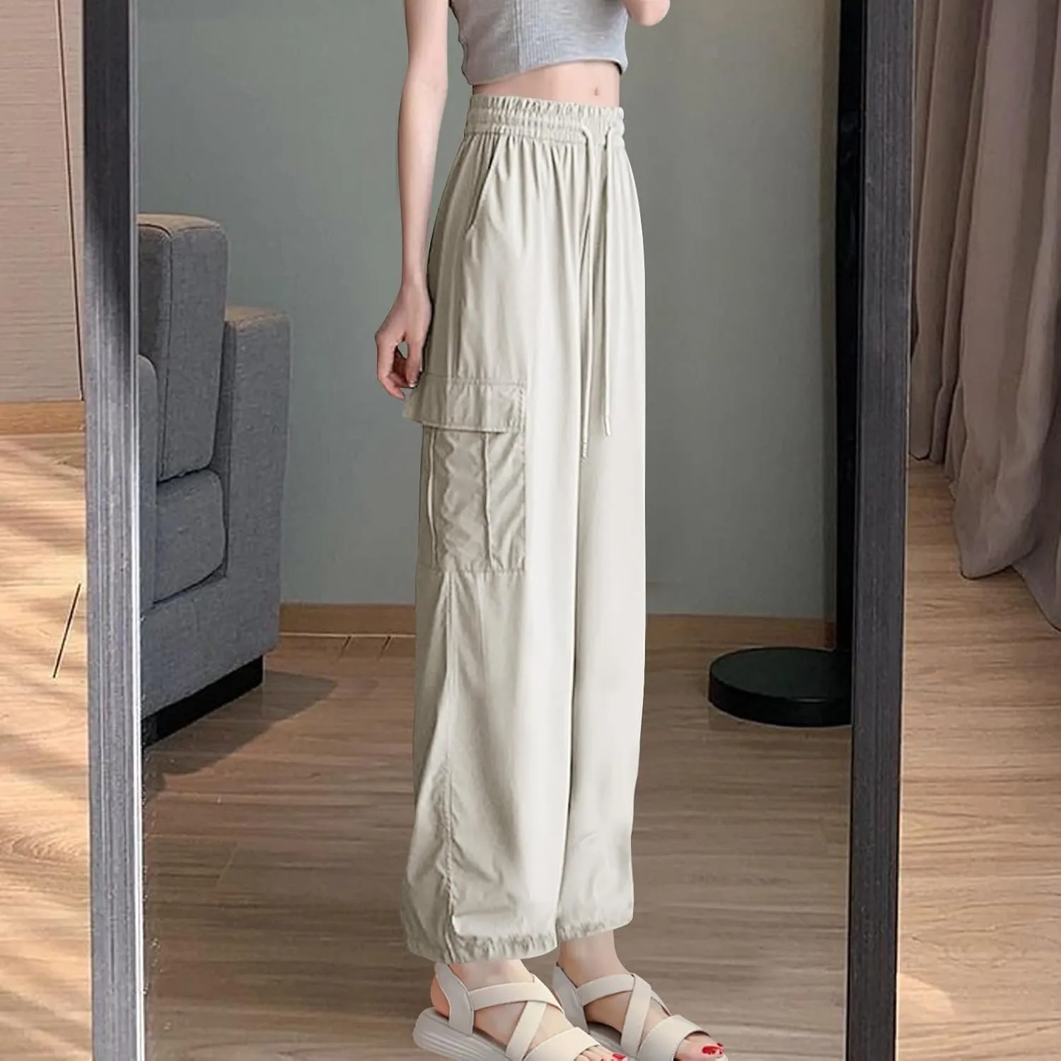Women's Straight Wide Leg Pants Elastic High Waisted Quick Dry Trouser Ice Silk Casual Sweatpant Baggy Workout Jogger