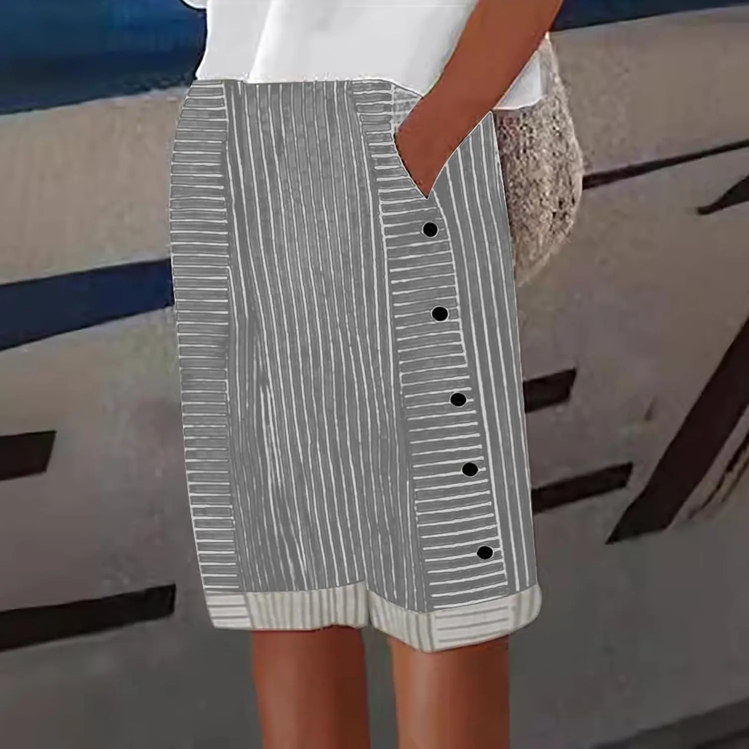 Women's Striped Linen Crop Pants Trendy Wide Leg Side Button Above Knee Fifth Trouser Summer Beach Flowy Casual Short