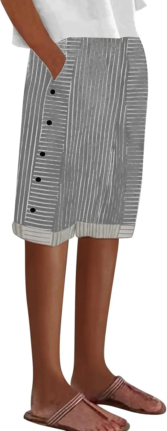 Women's Striped Linen Crop Pants Trendy Wide Leg Side Button Above Knee Fifth Trouser Summer Beach Flowy Casual Short