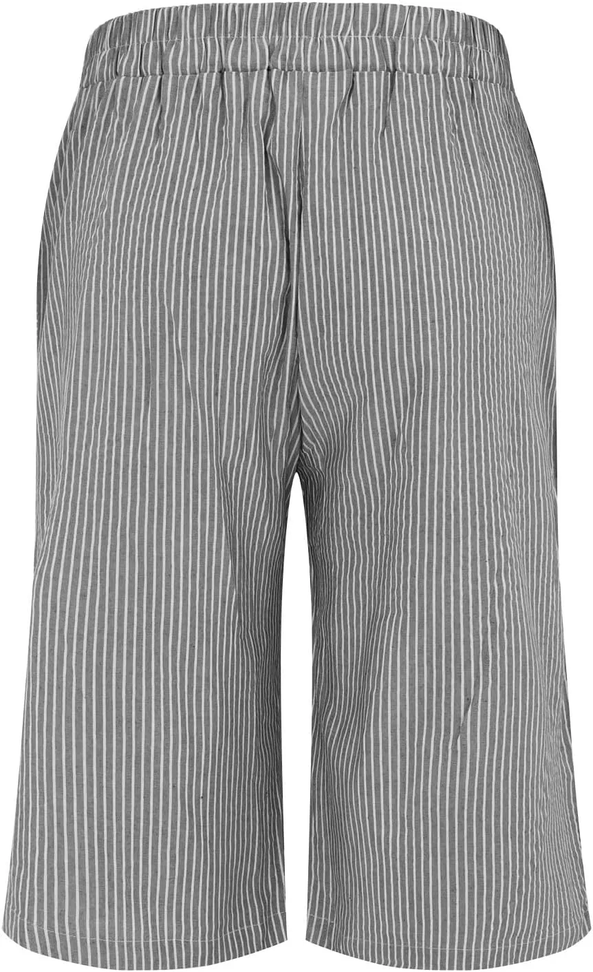 Women's Striped Linen Crop Pants Trendy Wide Leg Side Button Above Knee Fifth Trouser Summer Beach Flowy Casual Short