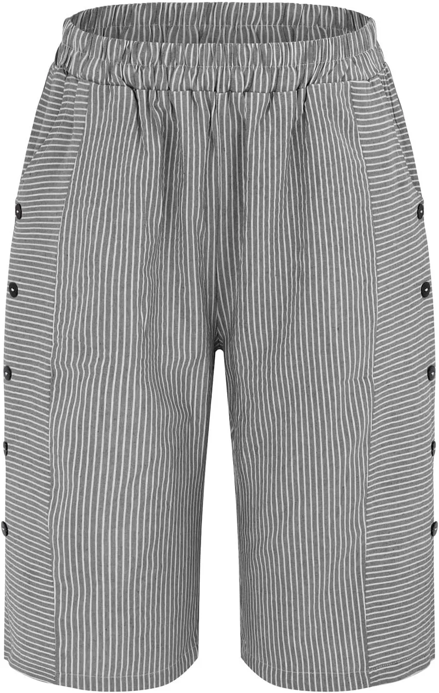 Women's Striped Linen Crop Pants Trendy Wide Leg Side Button Above Knee Fifth Trouser Summer Beach Flowy Casual Short