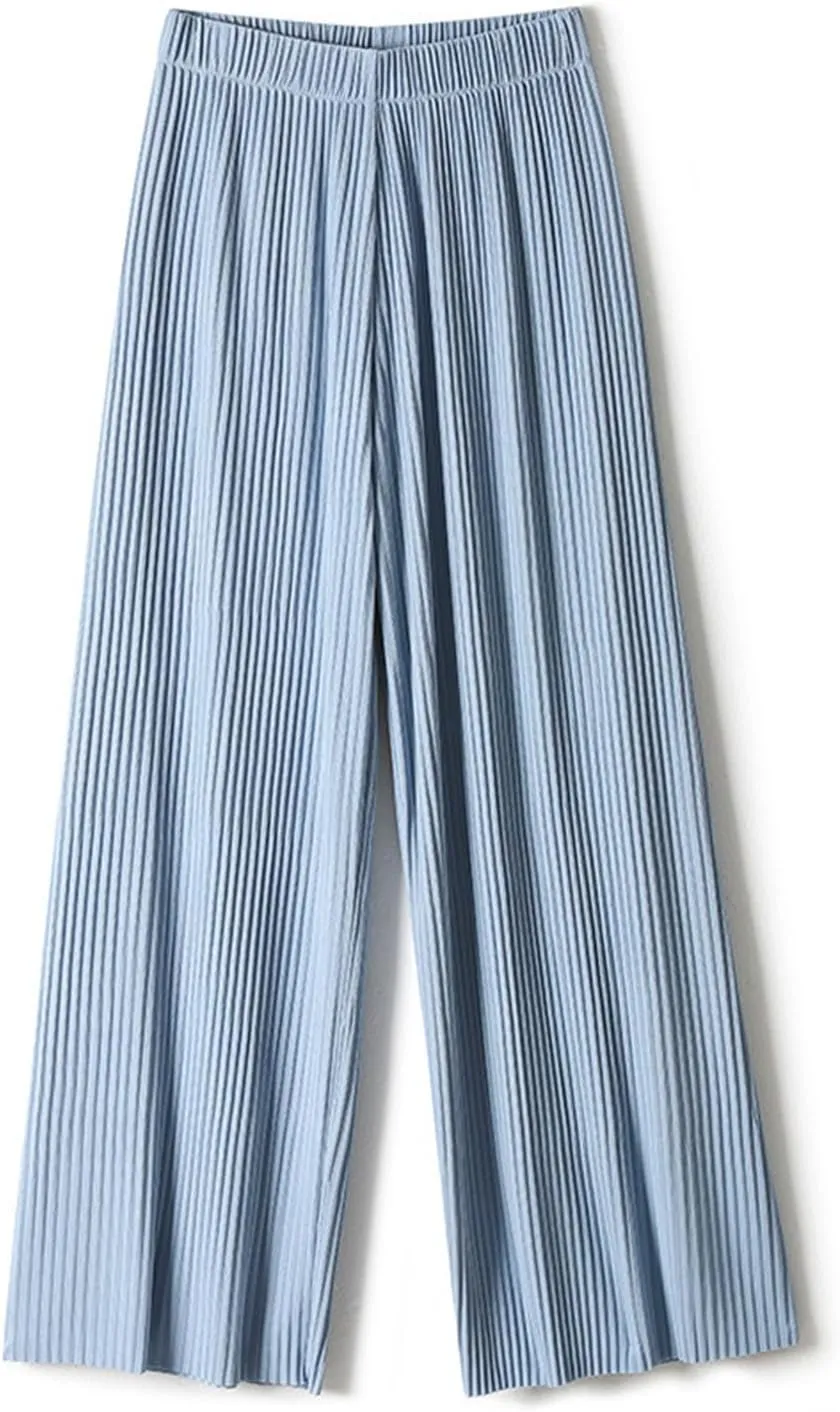 Womens Summer Ice Silk Pants Elastic High Waist Straight Wide Leg Palazzo Pants Casual Loose Pleated Mopping Trousers