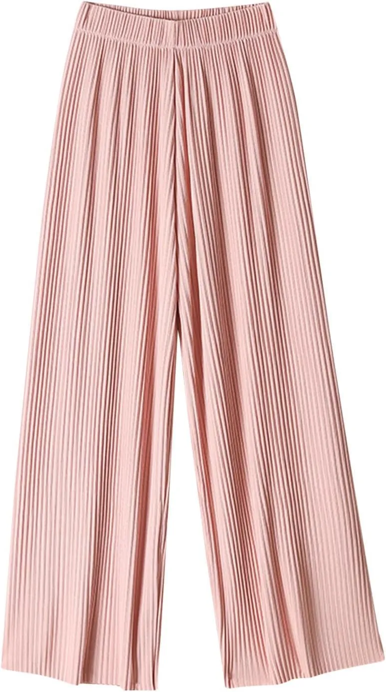 Womens Summer Ice Silk Pants Elastic High Waist Straight Wide Leg Palazzo Pants Casual Loose Pleated Mopping Trousers