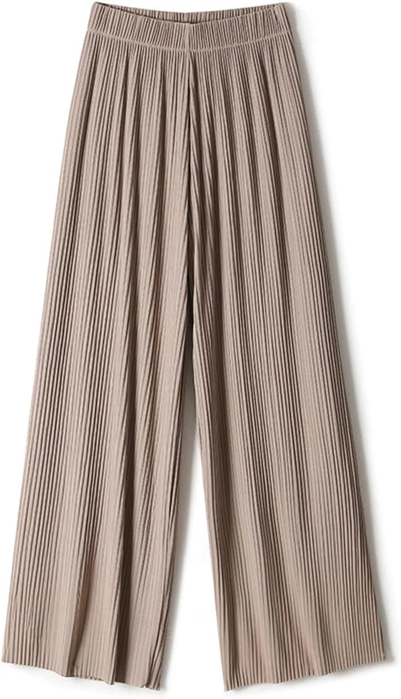 Womens Summer Ice Silk Pants Elastic High Waist Straight Wide Leg Palazzo Pants Casual Loose Pleated Mopping Trousers