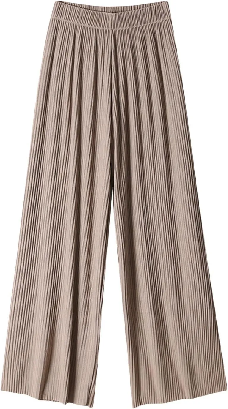 Womens Summer Ice Silk Pants Elastic High Waist Straight Wide Leg Palazzo Pants Casual Loose Pleated Mopping Trousers