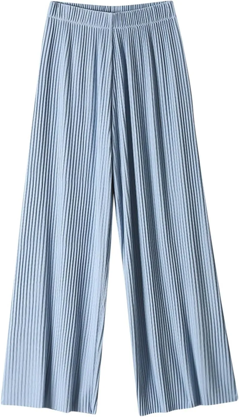 Womens Summer Ice Silk Pants Elastic High Waist Straight Wide Leg Palazzo Pants Casual Loose Pleated Mopping Trousers
